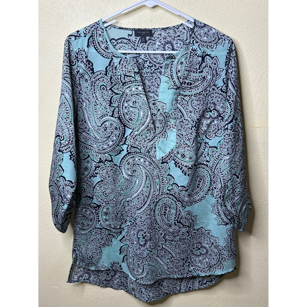 The Limited Womens Paisley Split Neck Blouse Aqua Blue 3/4 Roll Tab Sleeve M